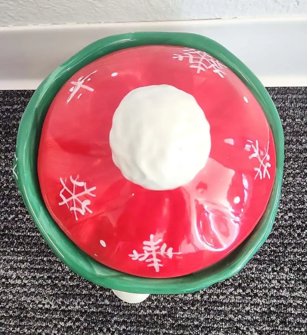 Ceramic Christmas Snowman Head Cookie Jar Red Green Scarf